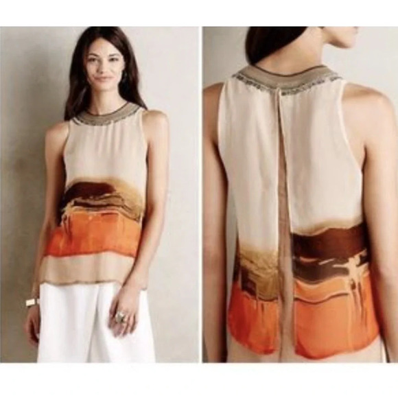 Anthropologie Bl-nk London Tank Top Beaded Blouse Chiffon Tan Orange Size Small - Picture 1 of 12